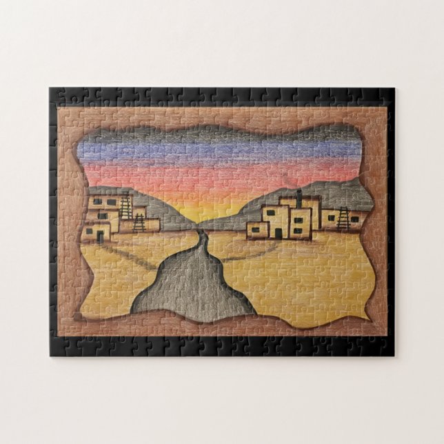 Desert Southwest Folk Art Colourful Adobe Sunset Jigsaw Puzzle (Horizontal)