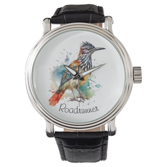Desert Spirit, Roadrunner in Watercolor, custom Watch (Front)
