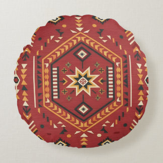 Desert Star Nomad – Vibrant Crimson Tribal Art Round Cushion