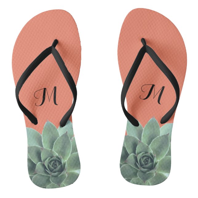 Desert Succulent Monogram Green and Peach Thongs (Footbed)