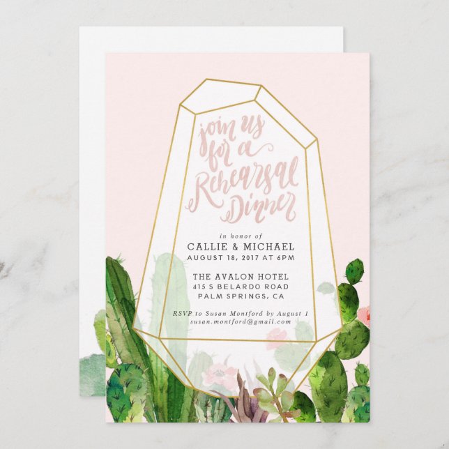 Desert Succulent Rehearsal Dinner Invitation-Pink Invitation (Front/Back)