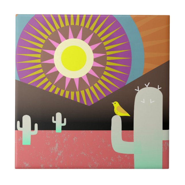 Desert Sun and Cactus Ceramic Tile (Front)