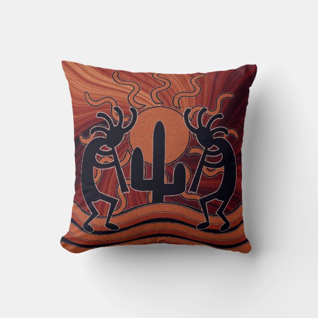 Desert Sun Cactus Kokopelli  Southwest Design Cushion (Front)