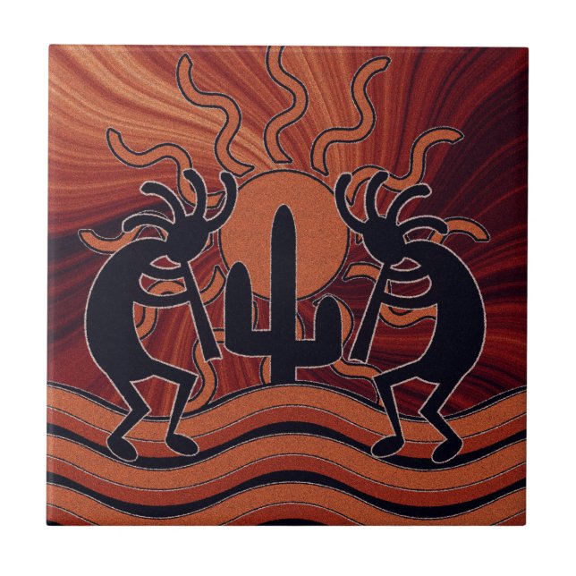 Desert Sun Cactus Southwest Kokopelli Ceramic Tile (Front)