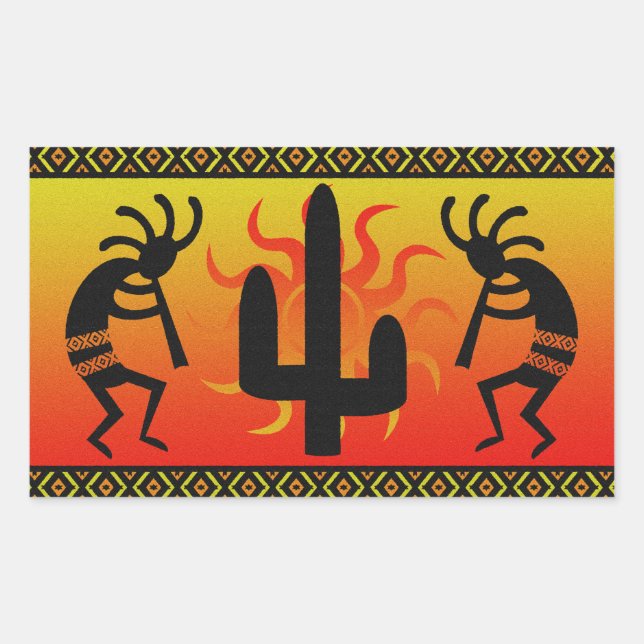 Desert Sun Cactus Southwest Kokopelli Rectangular Sticker (Front)