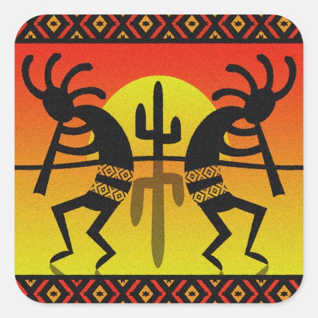 Desert Sun Cactus Southwest Kokopelli Square Sticker (Front)