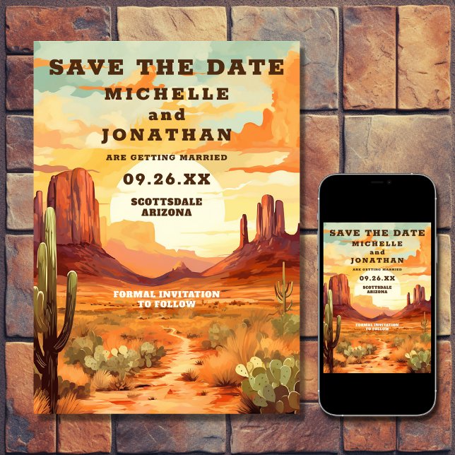 Desert Sunset and Cactus Southwestern Wedding Save The Date (Printed and Digital - Desert Sunset and Cactus Southwestern Wedding Save The Date)