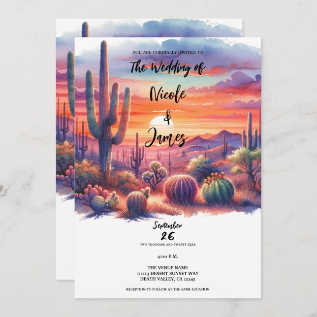Desert Sunset Glow Watercolor Southwestern Wedding Invitation (Front/Back)
