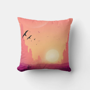 Desert Sunset Scene with Birds – Nature Landscape Cushion