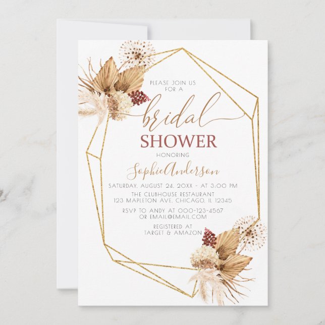 Desert Tropical Boho Pampas Grass Bridal Shower Invitation (Front)