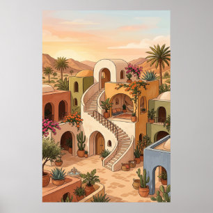 Desert Village Sunset Art - Boho Colourful Houses Poster
