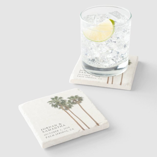 Desert Wedding Favour Personalised Retro Palm Tree Stone Coaster (Side)