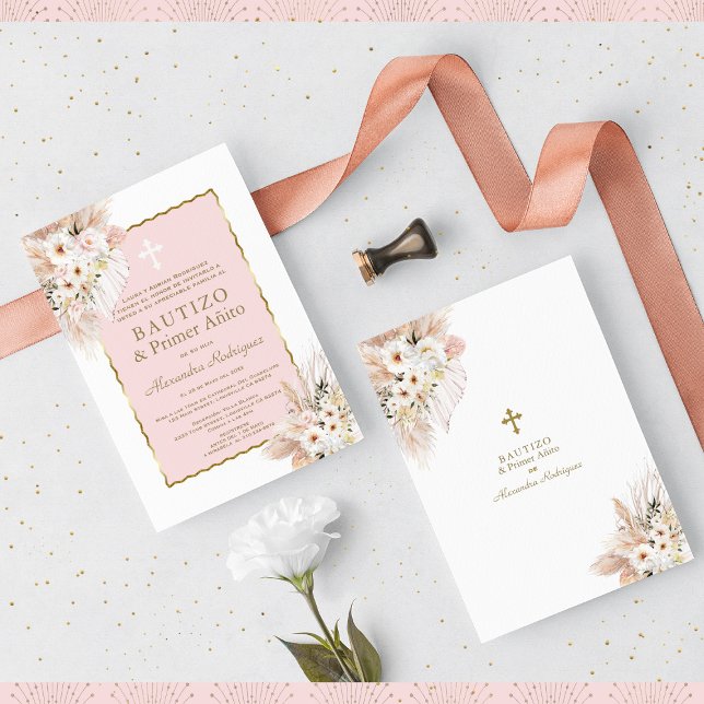 Desert White Pink Roses 1st Birthday Baptism  Invitation (Creator Uploaded)