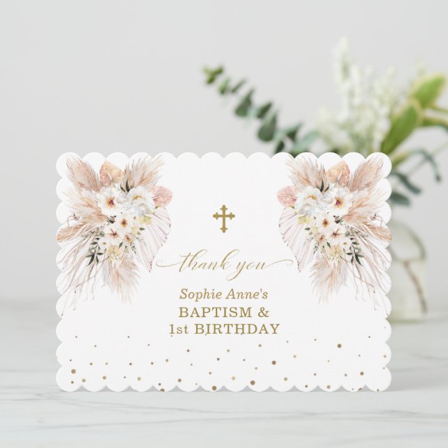 Desert White Roses Girl 1st Birthday Baptism   Thank You Card (Standing Front)