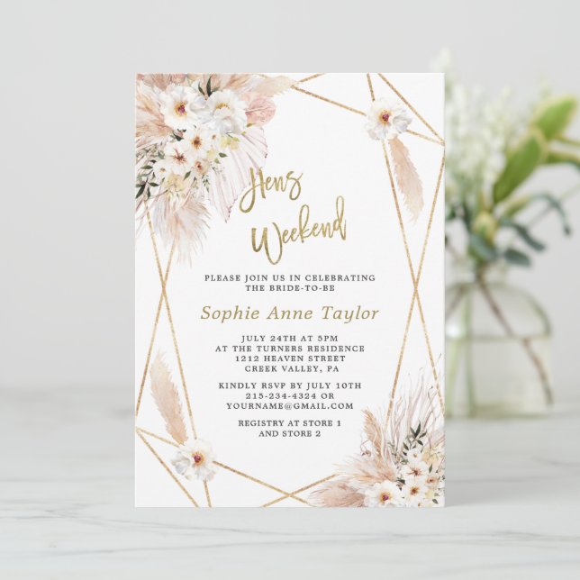Desert White Roses Gold Hens Bachelorette Weekend  Invitation (Standing Front)