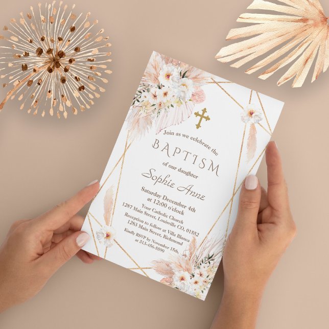 Desert White Roses Pampas Grass Girl Baptism Invitation (Creator Uploaded)