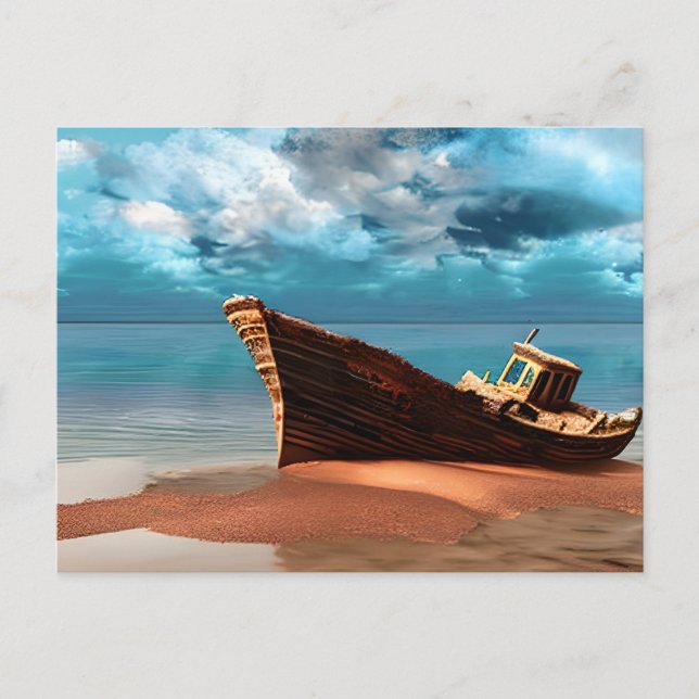 Deserted Boat on an Abandoned Sandy Beach Postcard (Front)