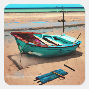 Deserted Boat on the Sea Shore AI Art Square Sticker