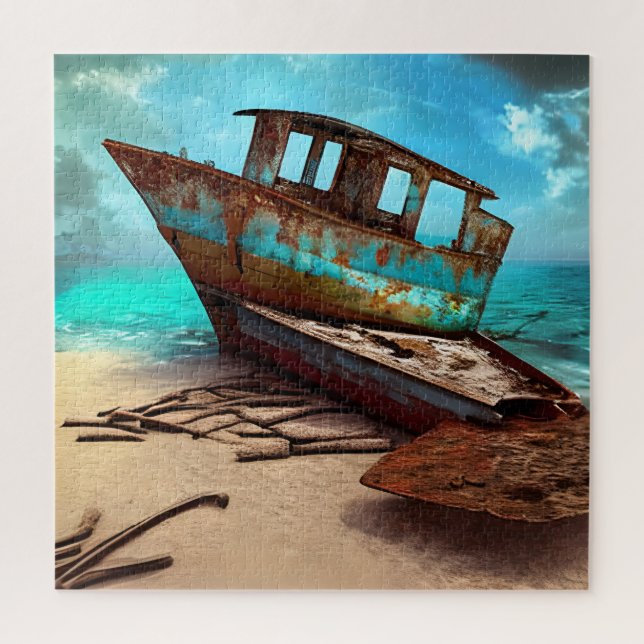 Deserted Old Rusty Boat on a Sandy Abandoned Beach Jigsaw Puzzle (Vertical)