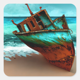 Deserted Ship on a Sandy Beach Square Sticker