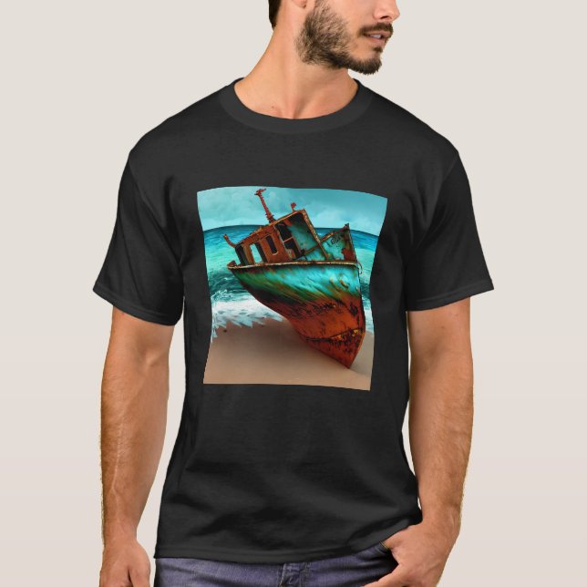 Deserted Ship on a Sandy Beach T-Shirt (Front)