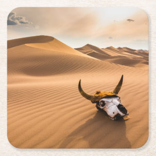 Deserts Cow Skull Rippled Sand Dunes Square Paper Coaster