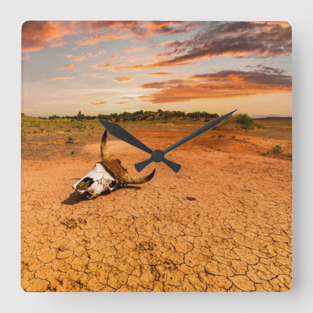 Deserts | Desert with Cow Skull Square Wall Clock (Front)