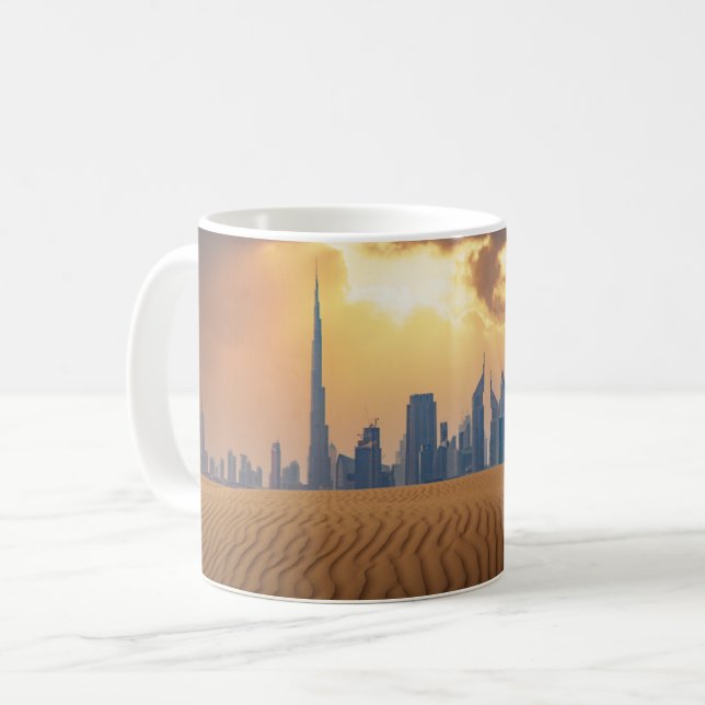 Deserts | Dubai's Skyline View from Sand Dune Coffee Mug (Front Left)