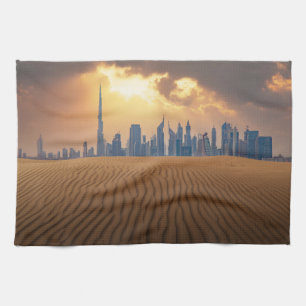 Deserts Dubai's Skyline View from Sand Dune Tea Towel