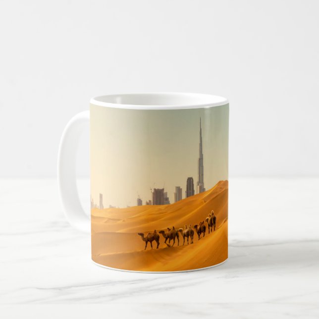 Deserts | Dubai's Skyline View with Camels Coffee Mug (Front Left)