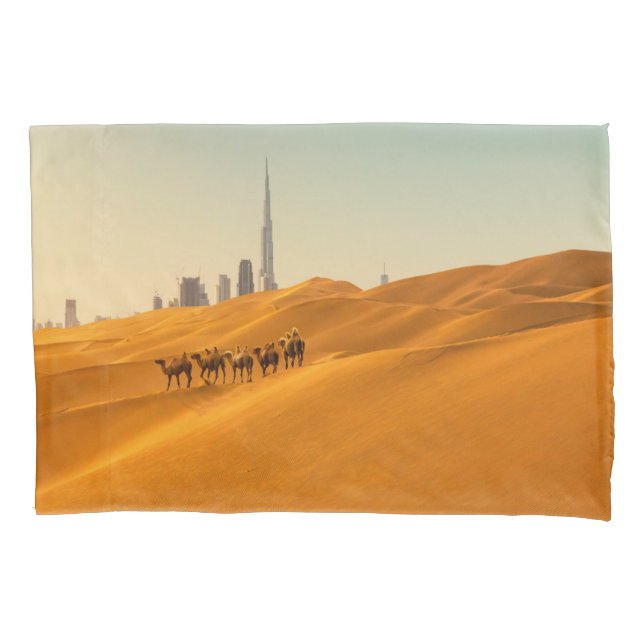 Deserts | Dubai's Skyline View with Camels Pillowcase (Front)