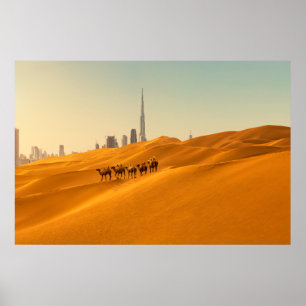 Deserts   Dubai's Skyline View with Camels Poster