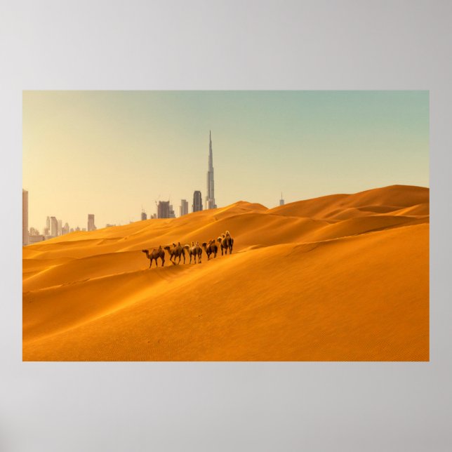 Deserts | Dubai's Skyline View with Camels Poster (Front)