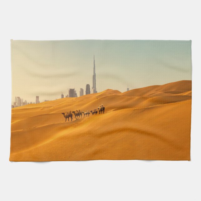 Deserts | Dubai's Skyline View with Camels Tea Towel (Horizontal)