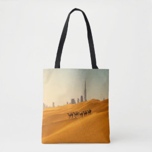 Deserts   Dubai's Skyline View with Camels Tote Bag