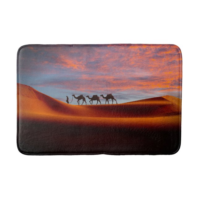 Deserts | Man & Camels in the Sand Dunes Bath Mat (Front)