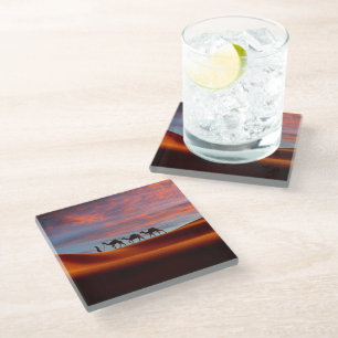 Deserts   Man & Camels in the Sand Dunes Glass Coaster