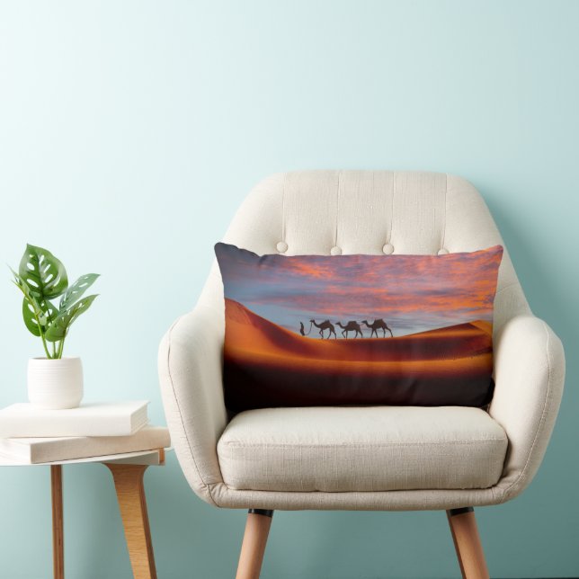 Deserts | Man & Camels in the Sand Dunes Lumbar Cushion (Chair)