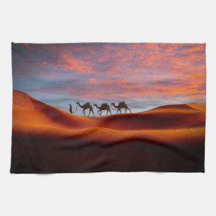 Deserts Man & Camels in the Sand Dunes Tea Towel