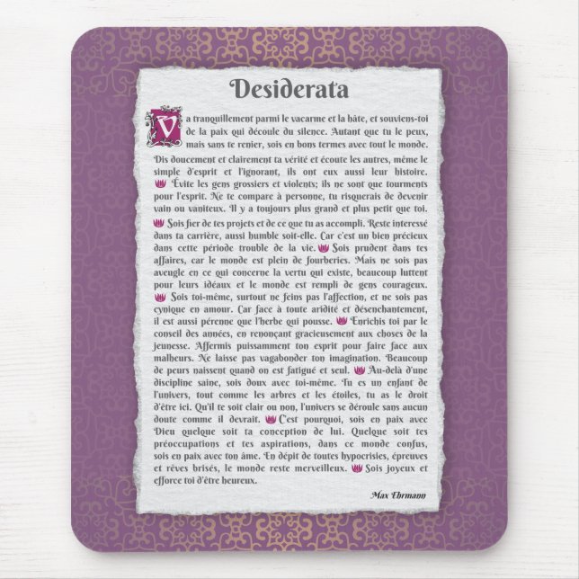 Desiderata - Choses désirées - poème Mouse Pad (Front)