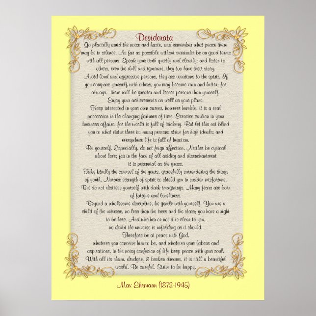 Desiderata "desired things", customisable colours poster (Front)