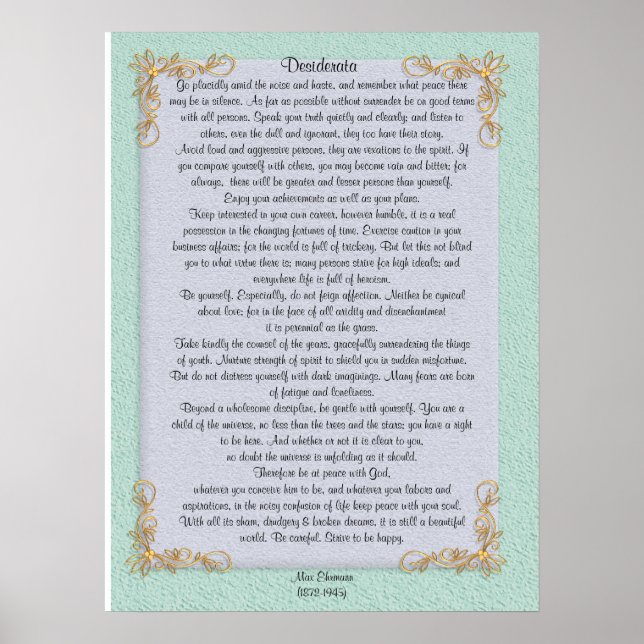 Desiderata "desired things", customisable colours poster (Front)
