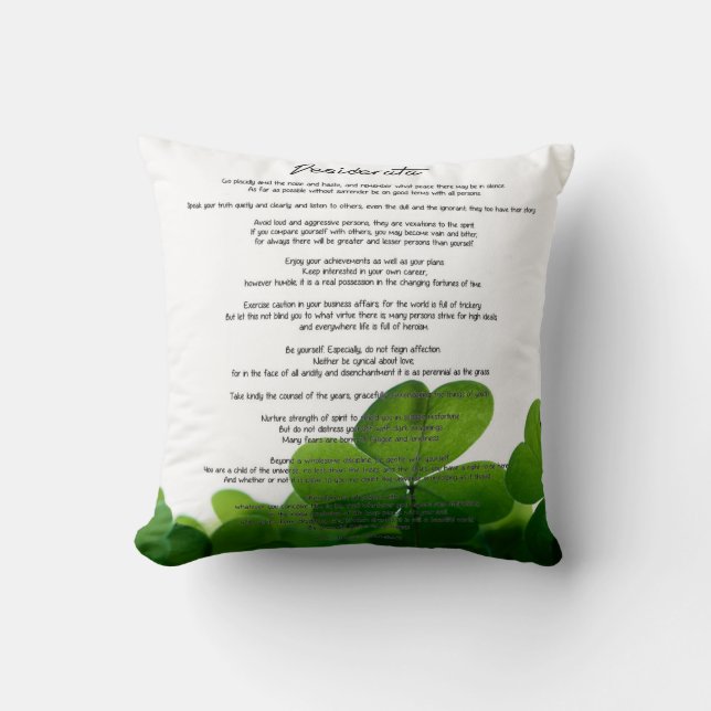 Desiderata "Desired Things" on Green Clovers Cushion (Front)