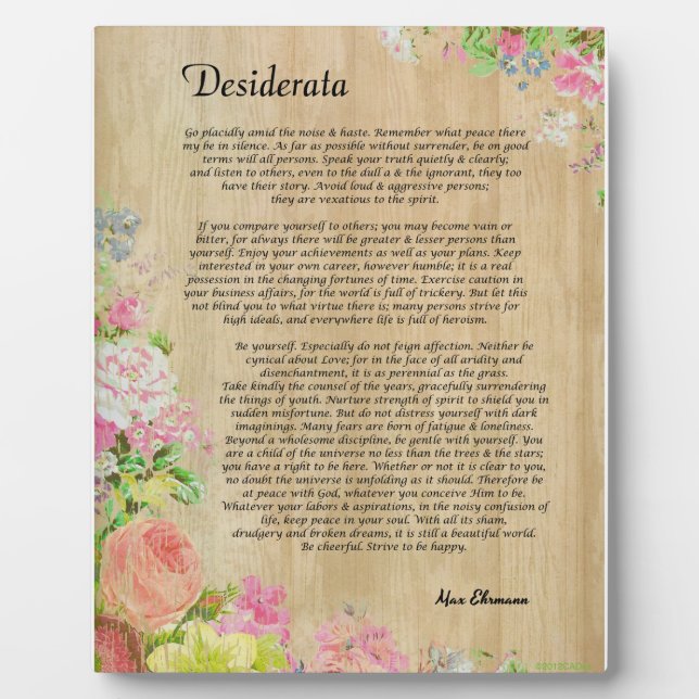 Desiderata on Rustic Wood Panel with Floral Trim Plaque (Front)