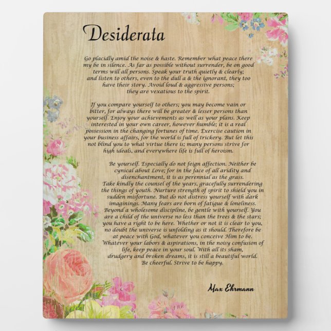 Desiderata on Rustic Wood Panel with Floral Trim Plaque (Front)