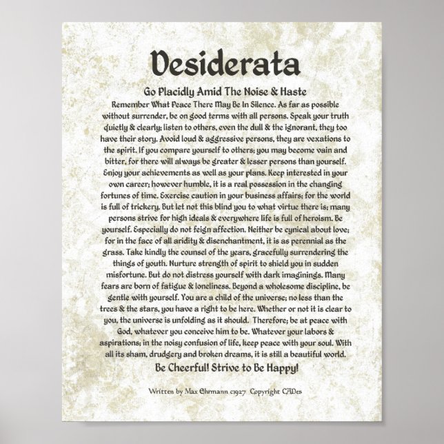 DESIDERATA Poem  Max Ehrmann-Mediaeval Calligraphy Poster (Front)