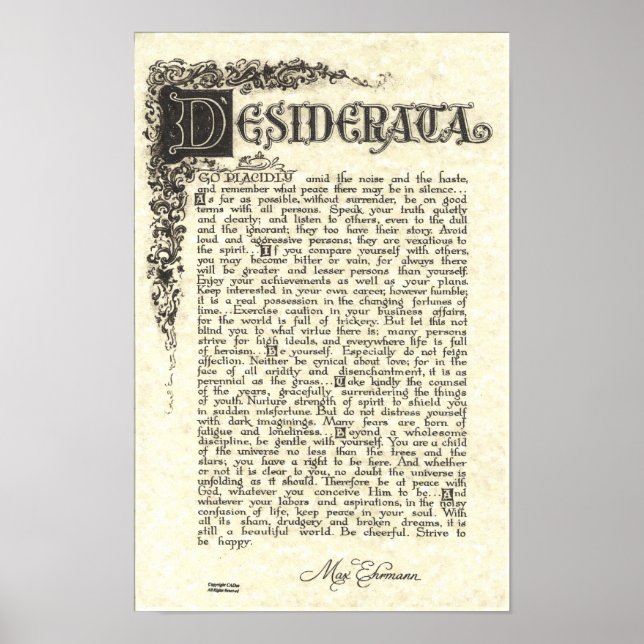 DESIDERATA Poster by Max Ehrmann - Charcoal Scroll (Front)