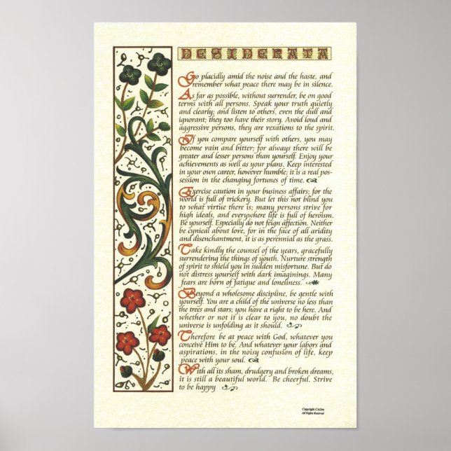 DESIDERATA Poster by Max Ehrmann= Leaf Calligraphy (Front)