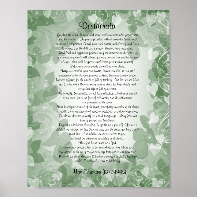 Desiderata" prose green floral poster (Front)