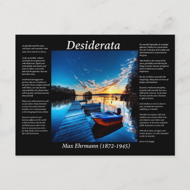 Desiderata small boats tied to a dock on the sea postcard (Front)